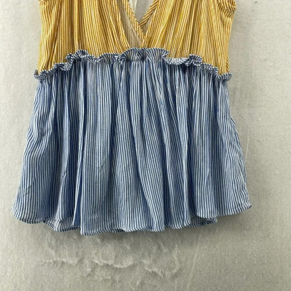 BP Blouse Women XS Yellow Blue Colorblock V-Neck Striped Peplum Pleated Tie Back - Picture 8 of 11